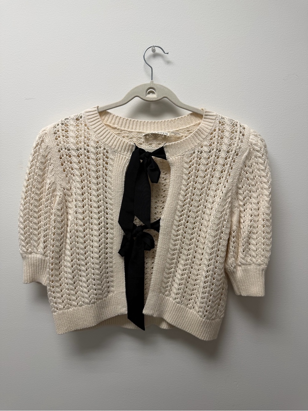 Alice + Olivia Cream Openwork Knit Cardigan with Black Ribbon Ties